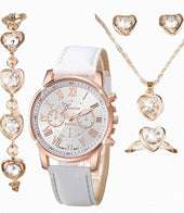 Women's Elegant Three-eye Roman Scale Dial Quartz Watch & Jewelry Set - 4 Pieces